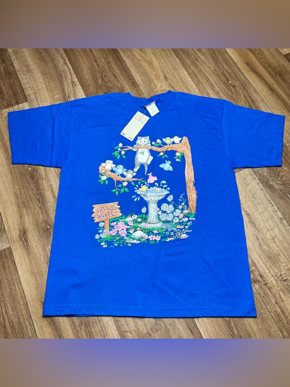 Vintage 90s Funny Joke Cat Kitten Birds Animals Nature Art Tee T Shirt Men's XL